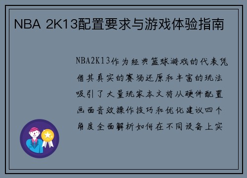NBA 2K13配置要求与游戏体验指南