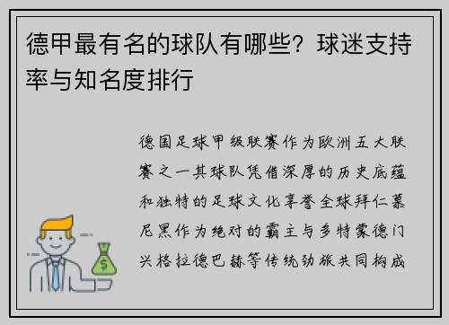 德甲最有名的球队有哪些？球迷支持率与知名度排行
